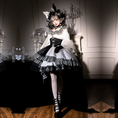 Neo-Ludwig black and white Decisive Chess Pieces OP dress on model