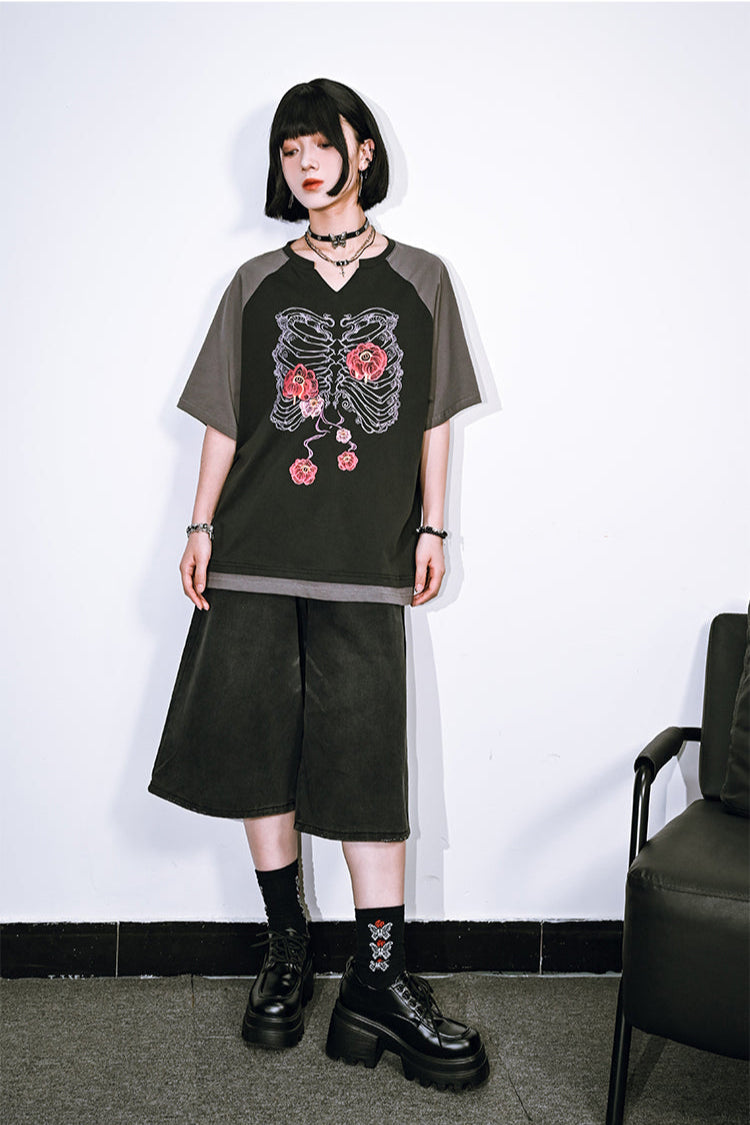 ボーンフラワーバイカラーラグラントップVネック