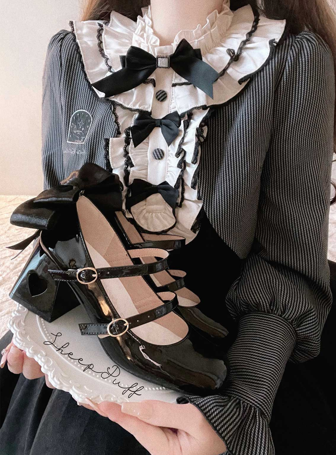 High Ribbon Heart Heel Shoes Ribbon Open Lolita Jewel