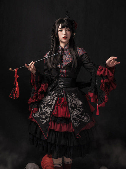チャイナロリータゴゴシックケープ+ロングジャケット+キャミソール+スカート+ウエストバンド