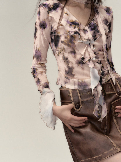 Nischen-Top mit V-Ausschnitt und Rüschendesign