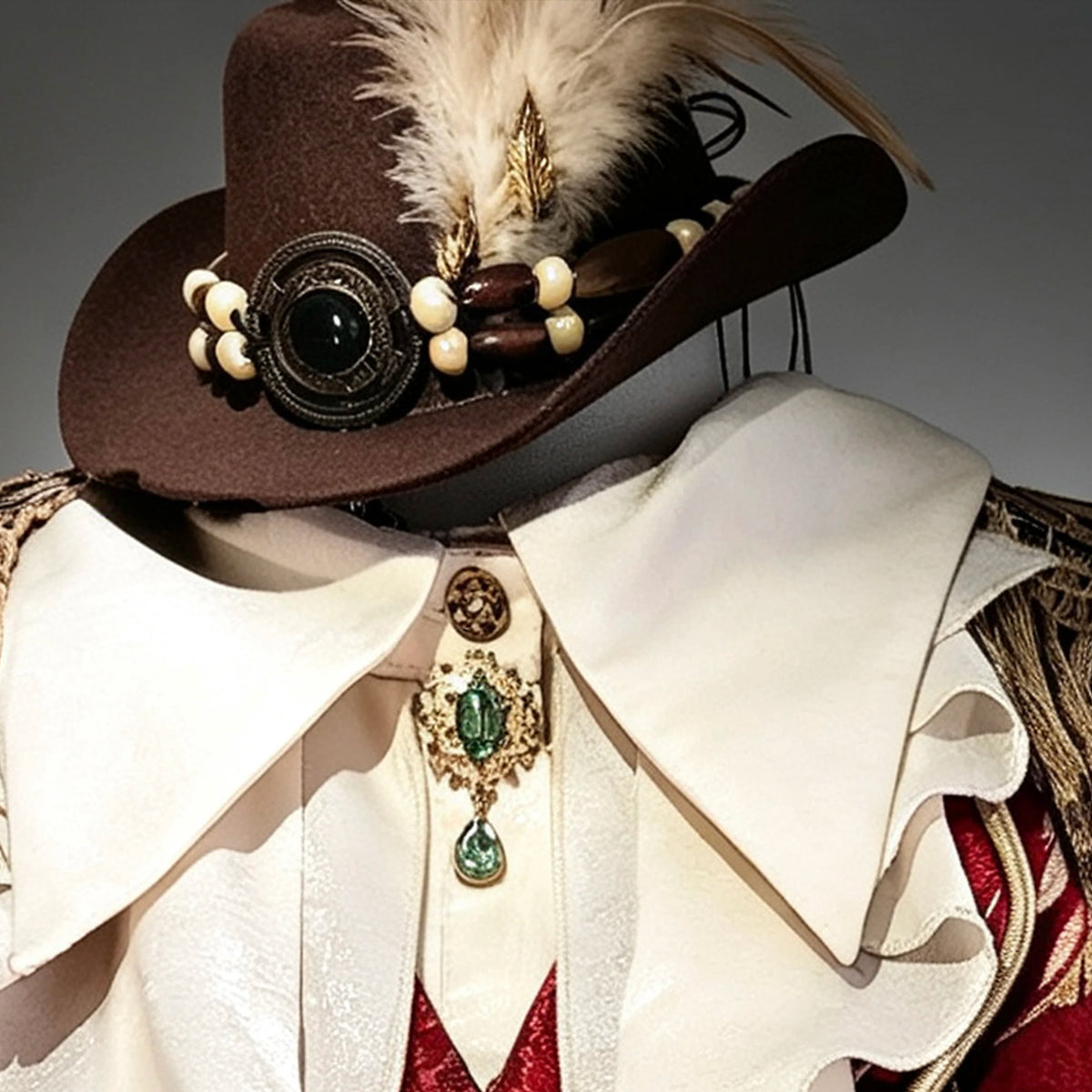 Burgundy coordinating jazz hat with feather decoration — ZERO The Fool collection