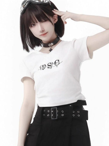 White Waist T-Shirt V-Neck Gray Slim