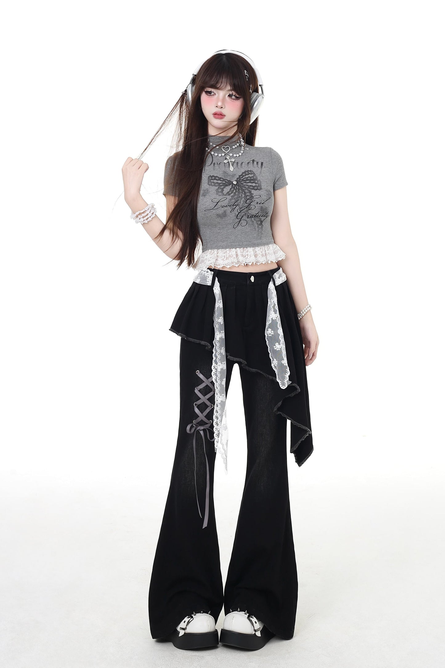 パンツ スリム レースアップ フレア ロング