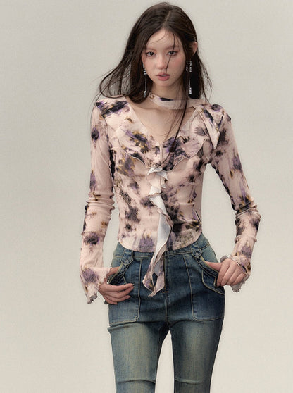 Nischen-Top mit V-Ausschnitt und Rüschendesign