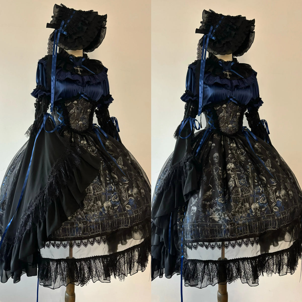 Caged Remains printed skirt and dark blouse coordinate on mannequin