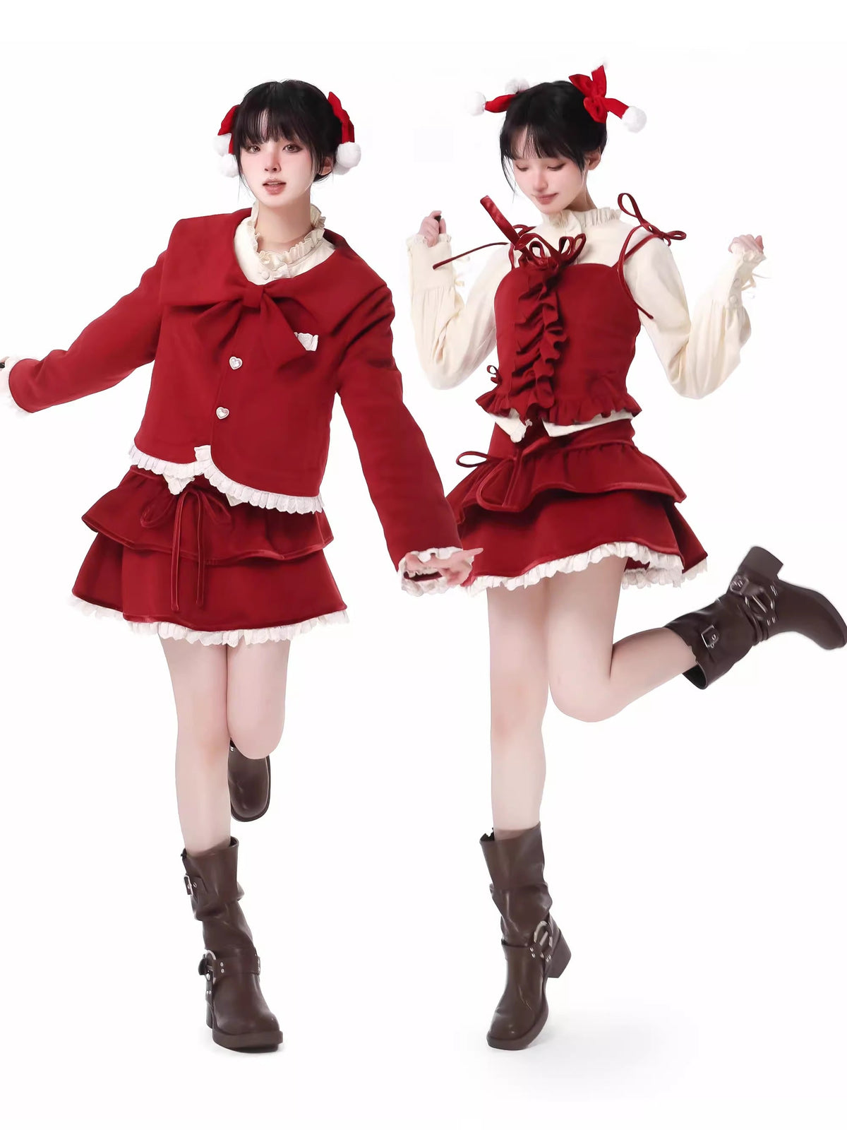 Ribbon Frill Short Jacket Singing Stand Color Dark Print Shirt Skirt Suit