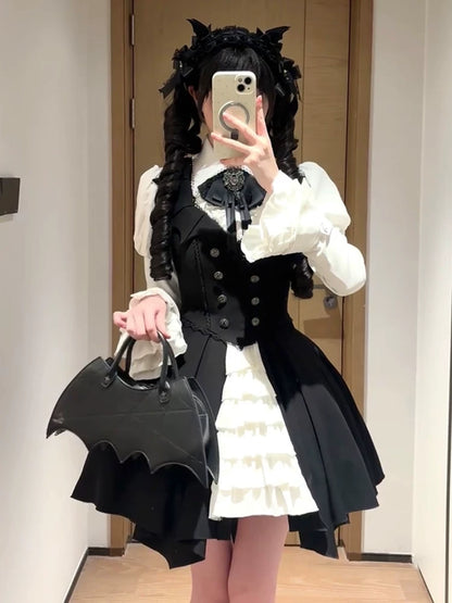 Gothic bat Lolita set styled with headwear and a bat-shaped bag