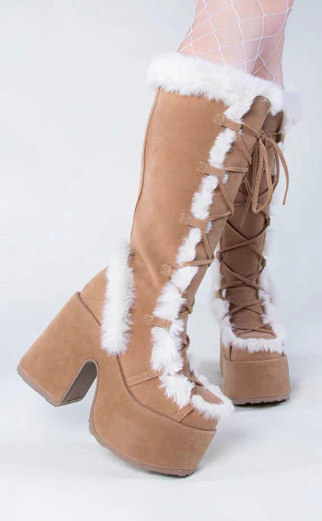 34-46 Y2K Snow Pu Fur Lace-up Thick Heel High Goth Platform Boots