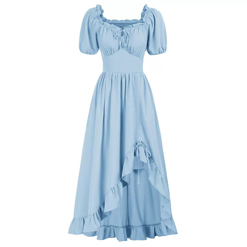 Medieval Court Short Sleeve Square Neck Dress – Irregular Hem Stage Gown