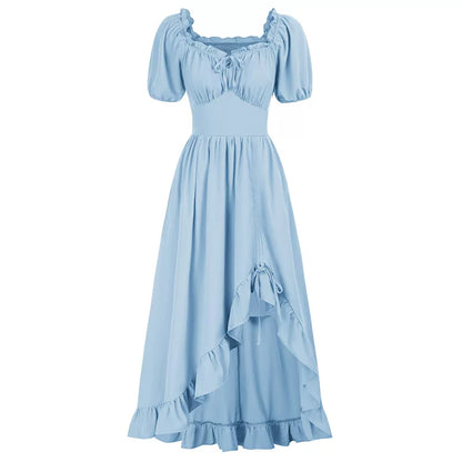 Medieval Court Short Sleeve Square Neck Dress – Irregular Hem Stage Gown