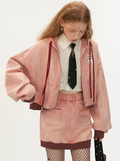 ジップパーカー Y2K ショートフード付きカジュアル + スカート