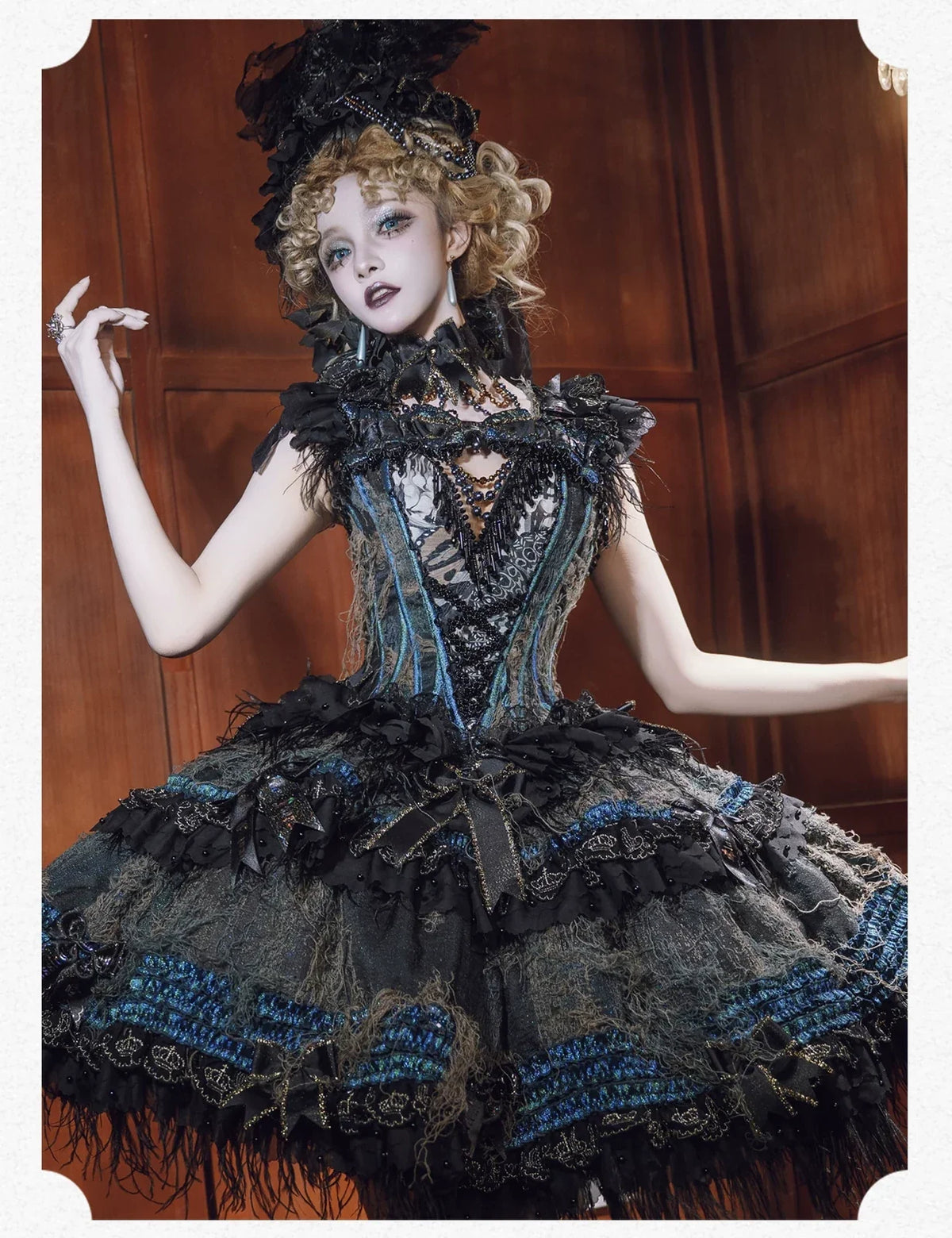 Moss Bone Butterfly black Gothic Lolita OP with iridescent blue-green trim