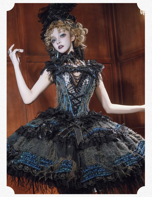 Moss Bone Butterfly black Gothic Lolita OP with iridescent blue-green trim