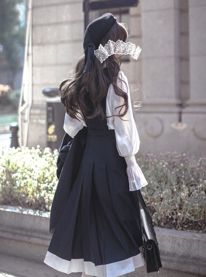 Stil Baskenmütze + Emblem Elegante Rüsche + College Chiffon Kleid + Bluse Krawatte Retro Cyan