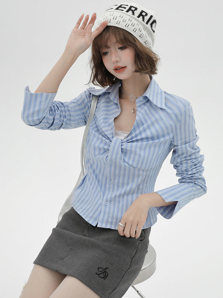 V Neck Shirt Slim Stripe Design Blue