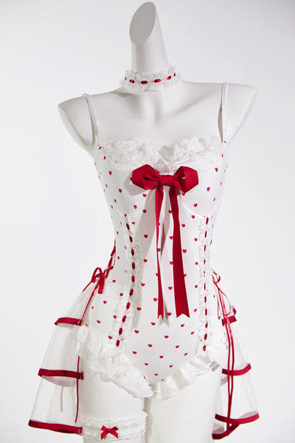 Ribbon Setup Trailing Swimsuit Heart Cute Red