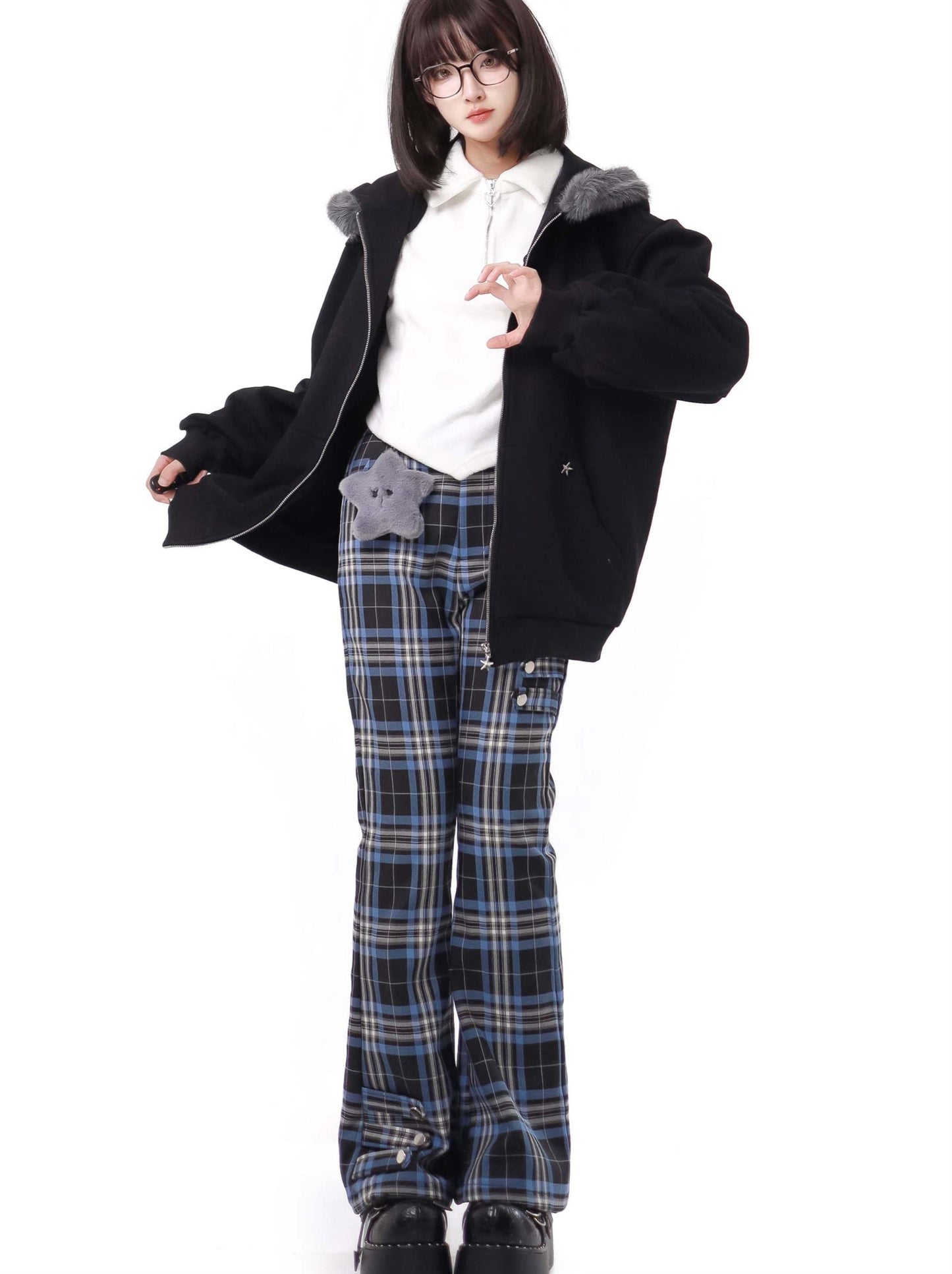 Nyar Star Gravity Velvet Katzenohr-Farjack+blau karierte Collegehose