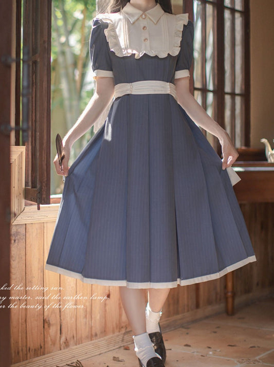 Sommerkleid mit Gürtel und Kragen, Rüschen, Weiß, Retro