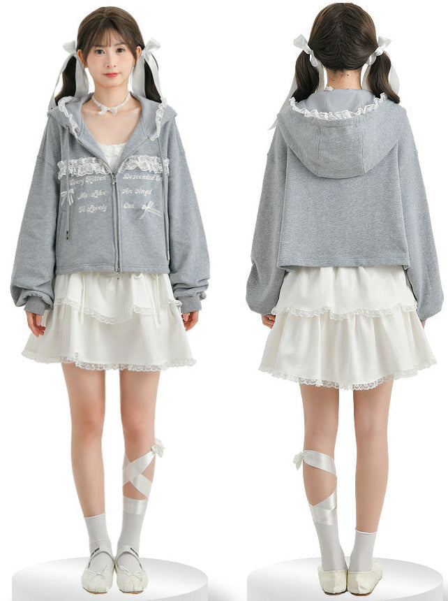 Long Gray Top Lace Hoodie Gray Embroidery Skirt