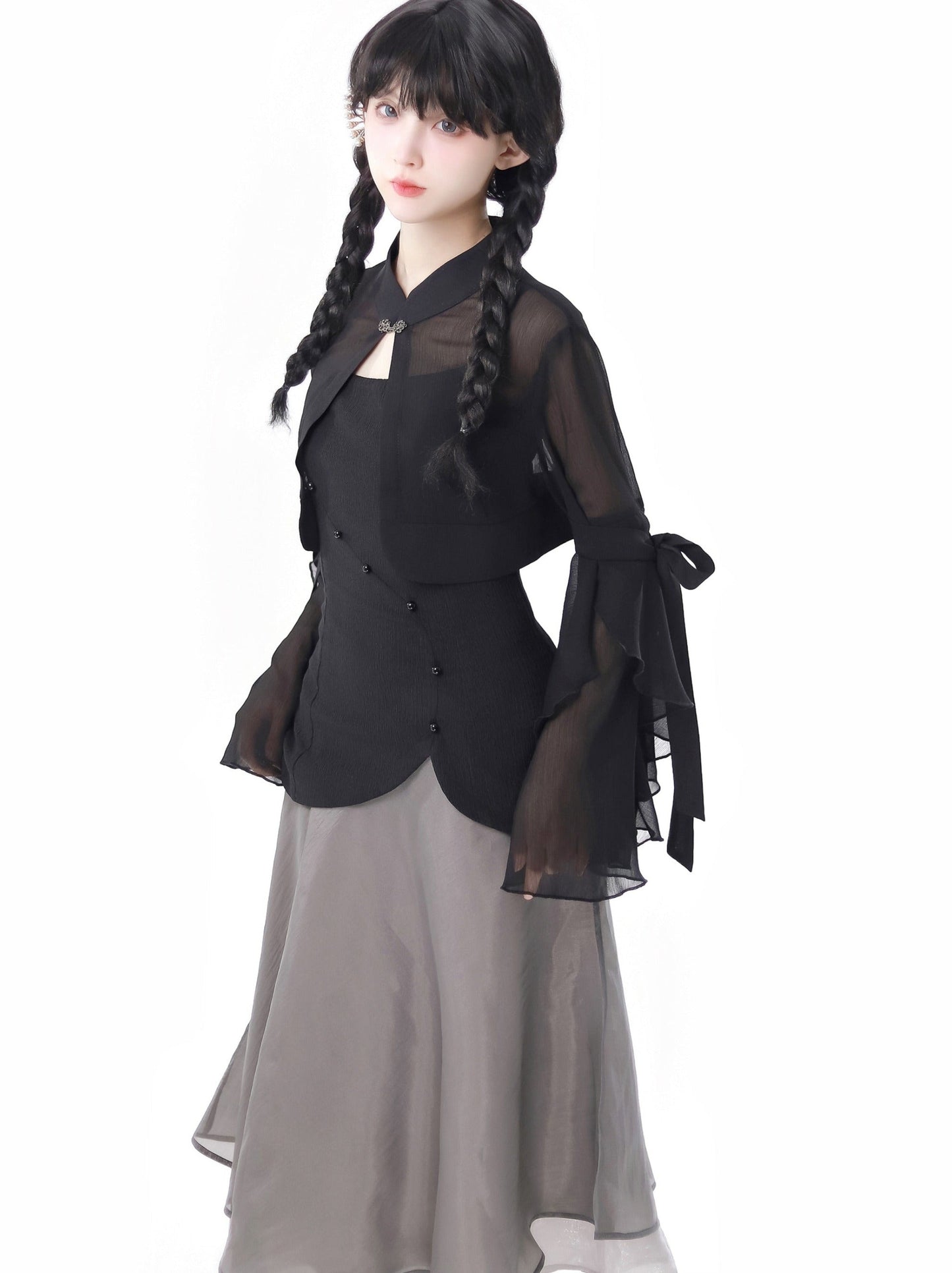 シャツトップドレス カリグラフィー シフォンサスペンダー シフォンスカート