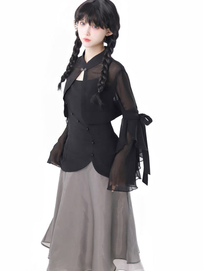 シャツトップドレス カリグラフィー シフォンサスペンダー シフォンスカート