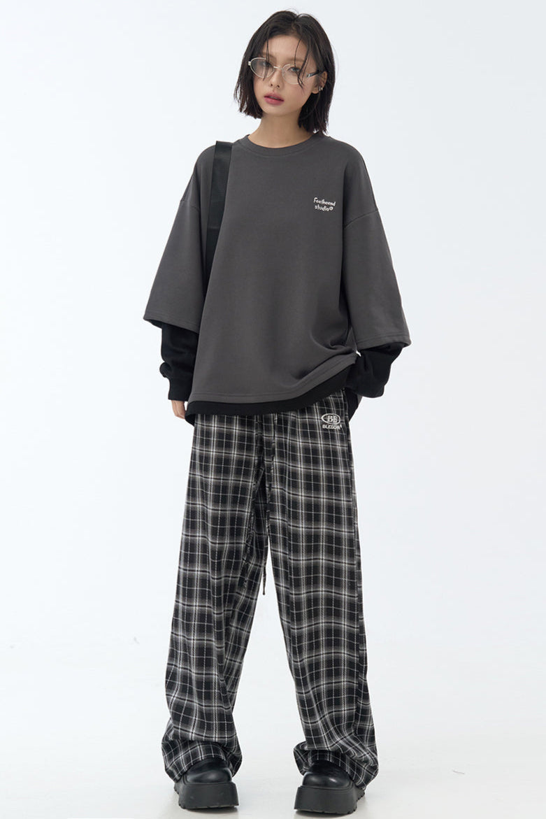 チェック柄ワイドレッグカジュアルパンツ