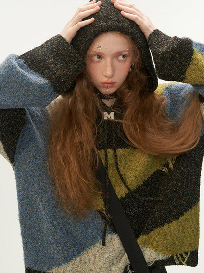 フード付きカラーレトロブロックニット