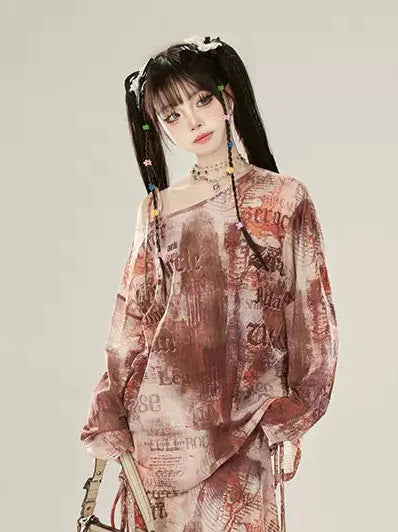 Print Drawstring Off-the-shoulder Digital American Shirt