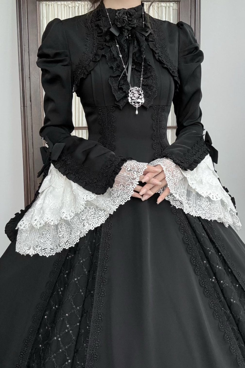 Gothic Black and White Widow Lace Princess Sleeve Faux Two-Piece Long Dress