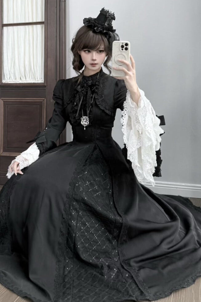Gothic Black and White Widow Lace Princess Sleeve Faux Two-Piece Long Dress