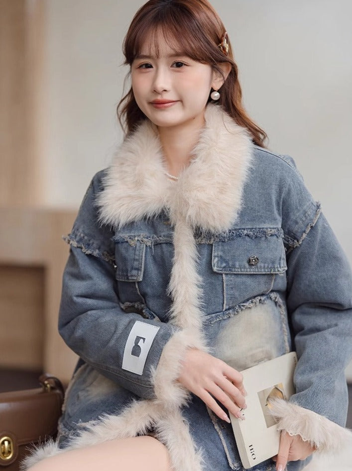 キルティングラペルブルーデニムジャケット