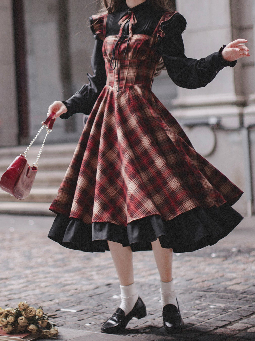 Layered + Ruffle Check Shirt Retro Ribbon Elegant + Shoulder Dress Suit Ruffle Black Sleeve Accessories