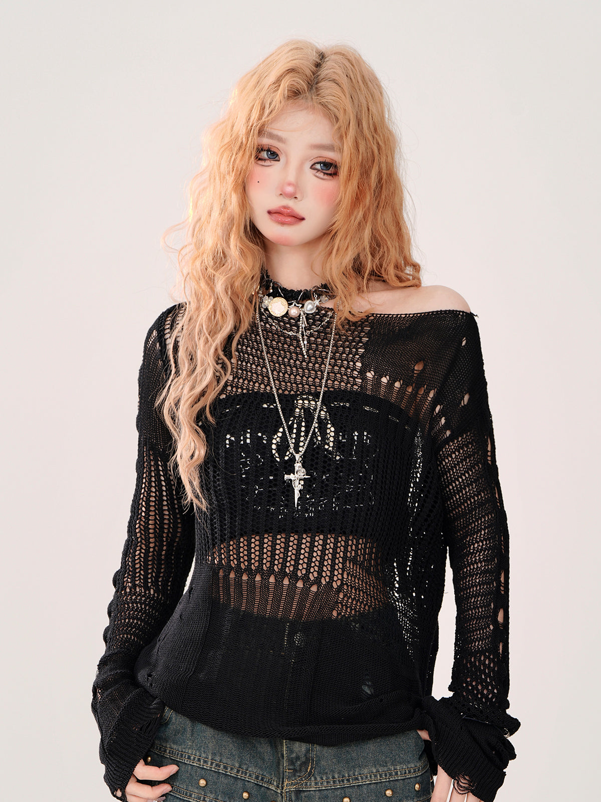 サマーニット + チューブトップ 透かし彫り シアー リップド