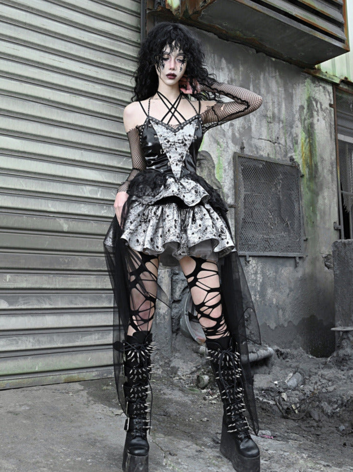 PUサスペンダーパンクホルターネックメッシュメタリックオフショルダーチュール+トップドレスシアー