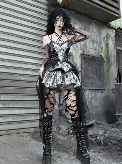 PUサスペンダーパンクホルターネックメッシュメタリックオフショルダーチュール+トップドレスシアー