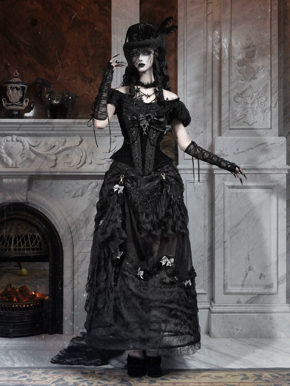 Edward black off-shoulder puff-sleeve top styled with Gothic skirt, full-length front view by Blood Supply