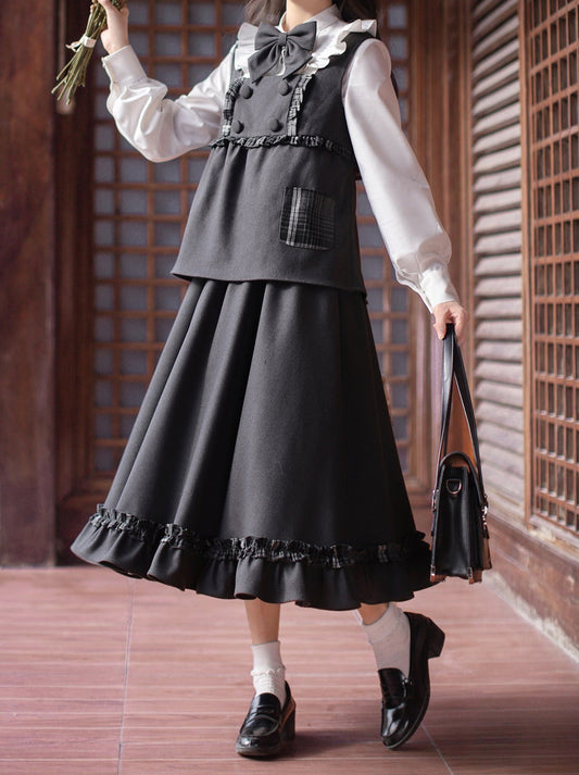 Ribbon Check College + Style Vest White Suit Skirt Ruffle Original Ruffle Shirt Ruffle