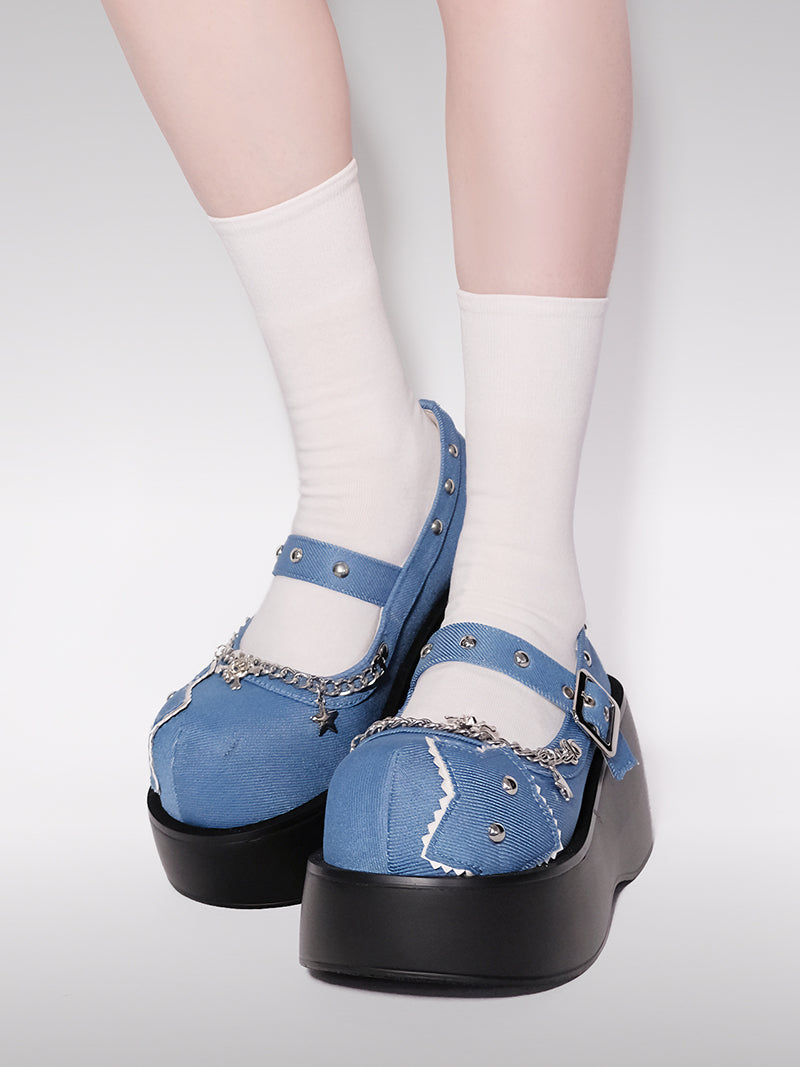 Schnalle Star Toe Platform Denim One Punk Runde Schuhe