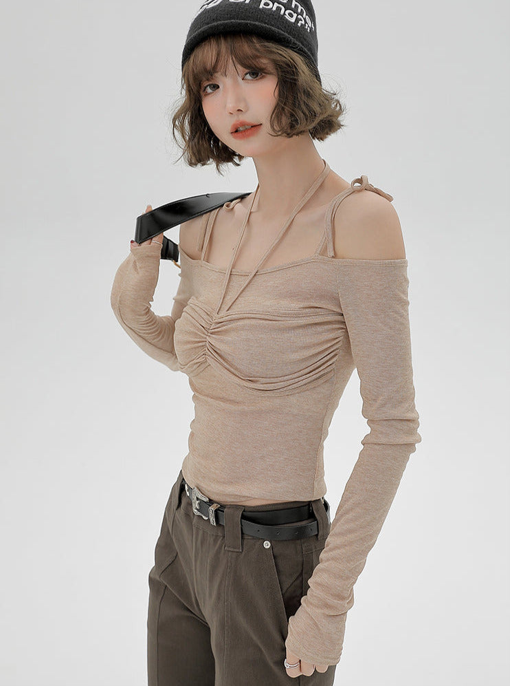 ショルダーリボンホルターネックトップオフ