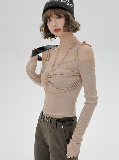 ショルダーリボンホルターネックトップオフ