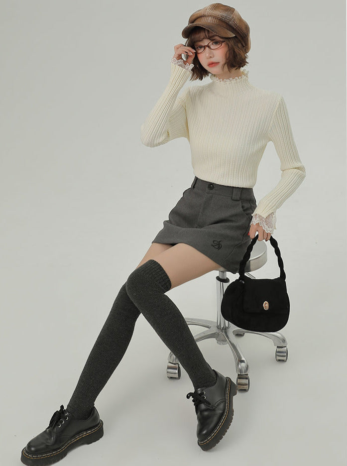 Knit Lace Turtleneck Half Splicing Top