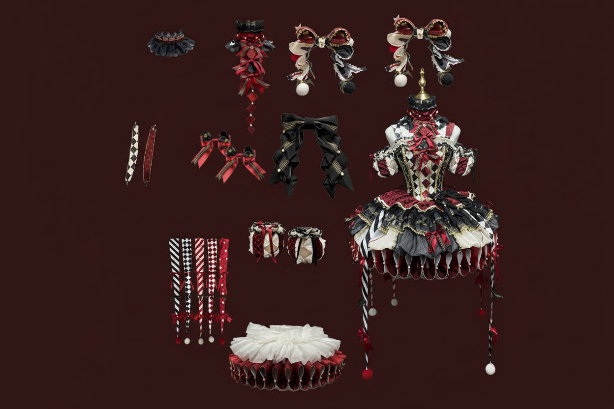 K.Q.F Circus Series Lolita Full Set – Top Hat KC Hair Clip Candy & Black-Red