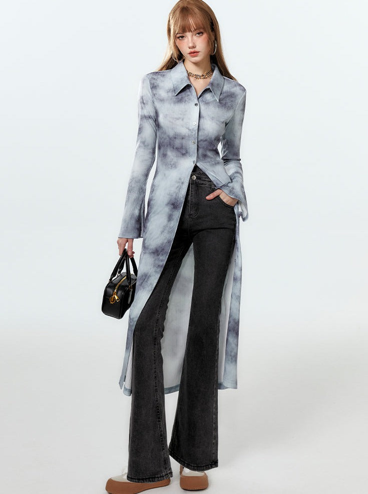 Printed Tops Polo Long Blue