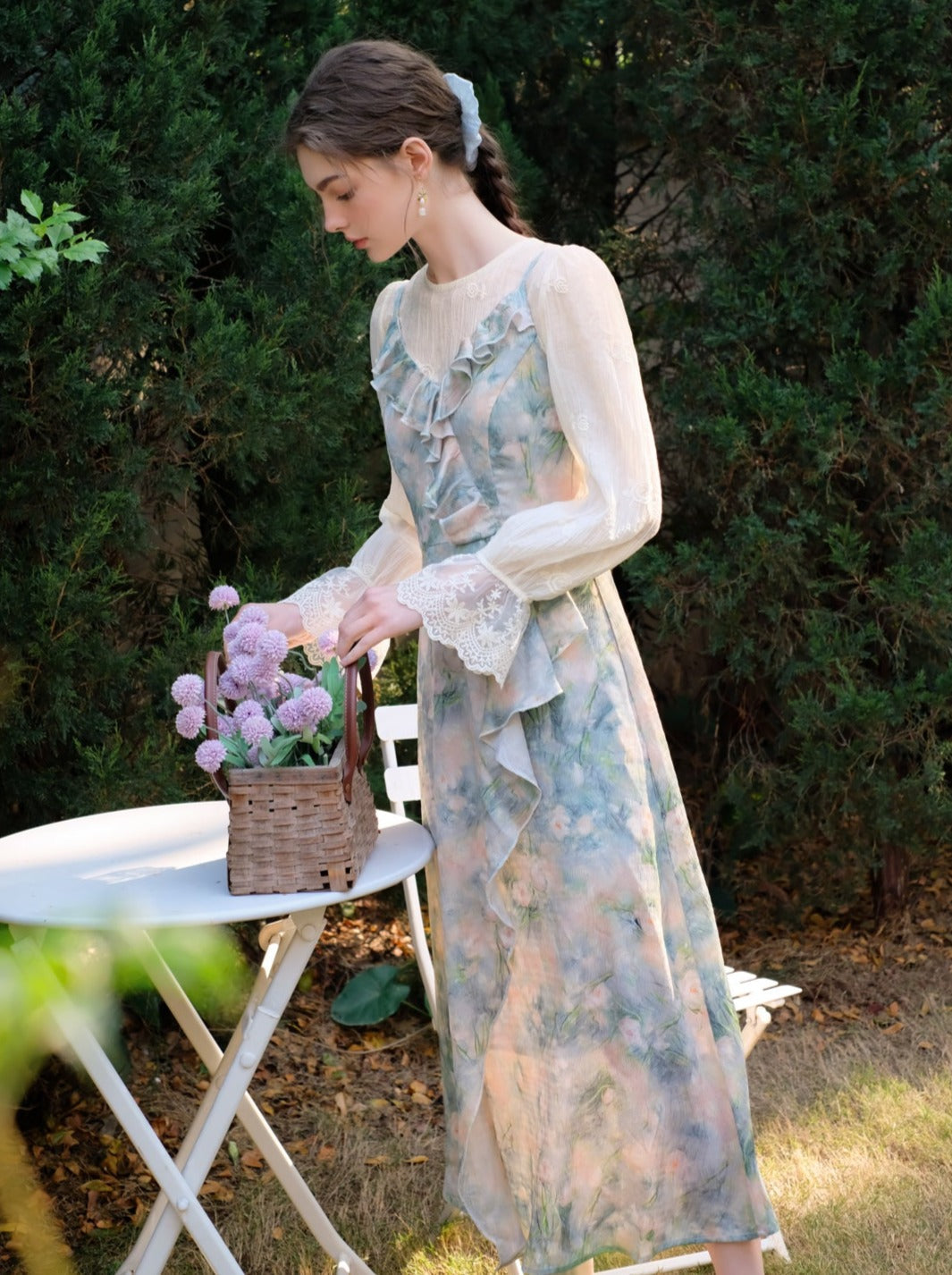 モーニングスモーク + キャミソールドレス ブルーブラウス ミストシフォン