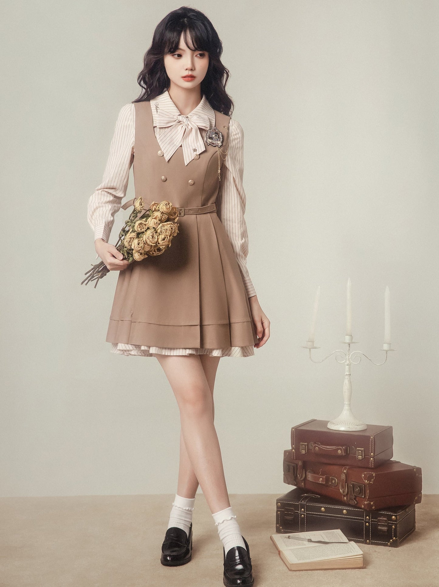 ストライプバッジシャツベストドレス+ナイト+ドレス刺繍マジックスーツ