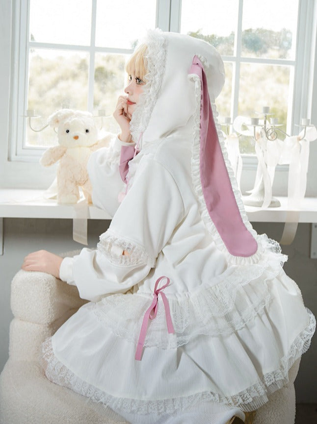 Bow Frilled Big Hooded Girly Long Bunny Dress Ears
