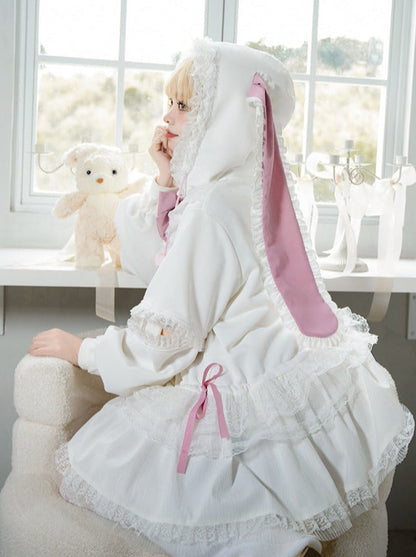 Bow Frilled Big Hooded Girly Long Bunny Dress Ears