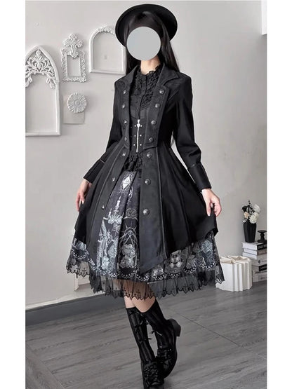 Black long coat showing its shaped waist and double rows of buttons