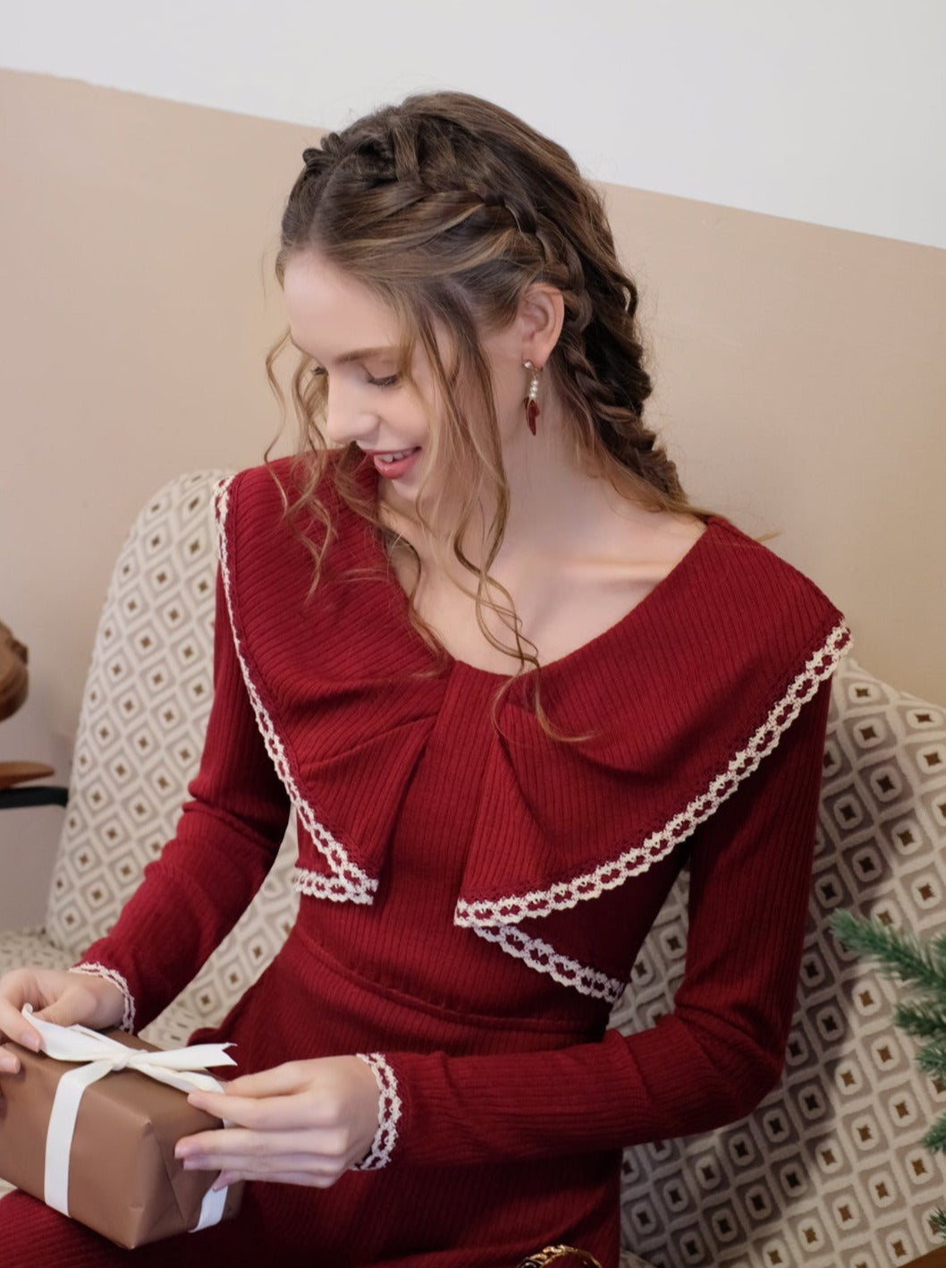 フレンチレッドリボンニットカラードレスレトロ